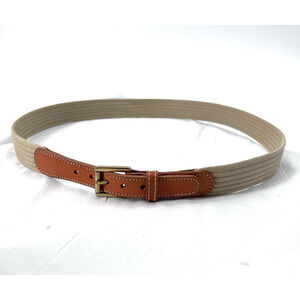 Ribbed Tan Cotton Canvas with Leather Trim Belt & Brass Buckle Mens 34